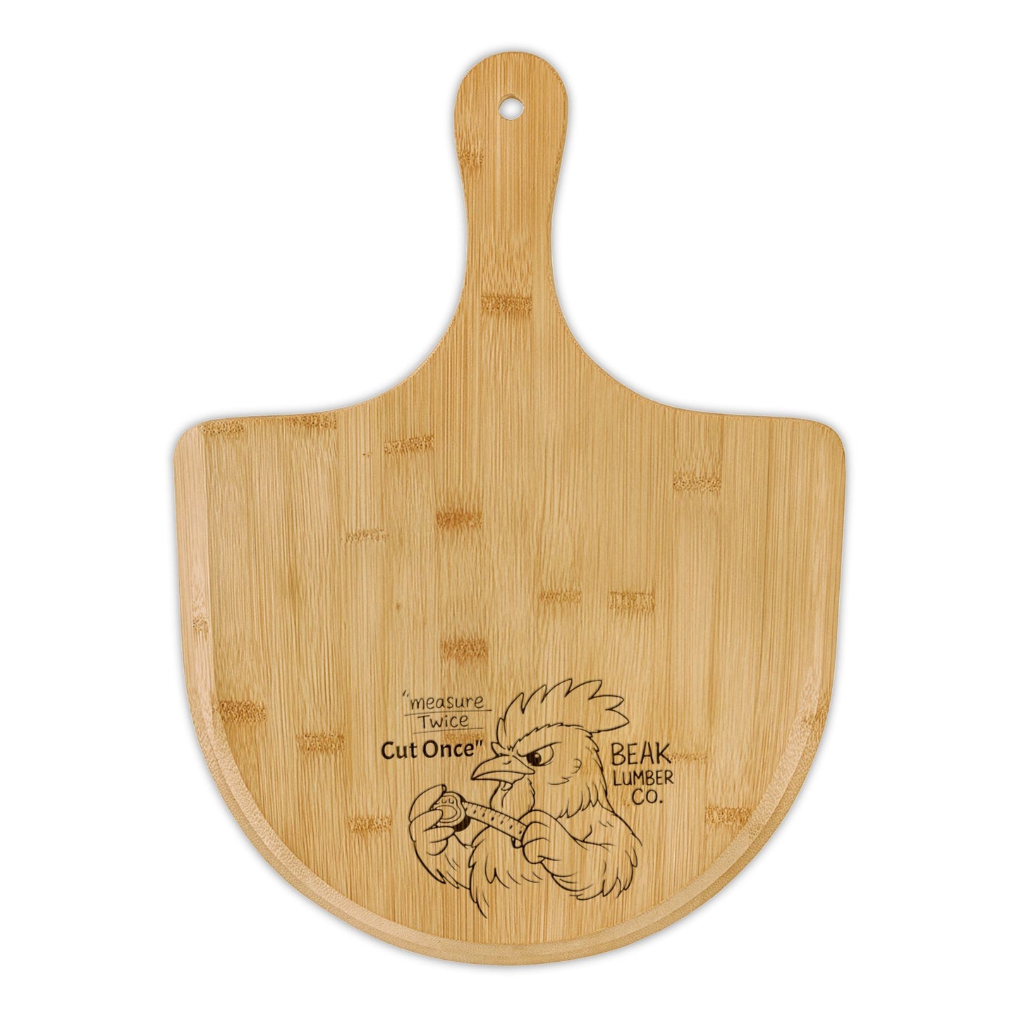 Engraved "Measure Twice, Cut Once" Beak Pizza Board