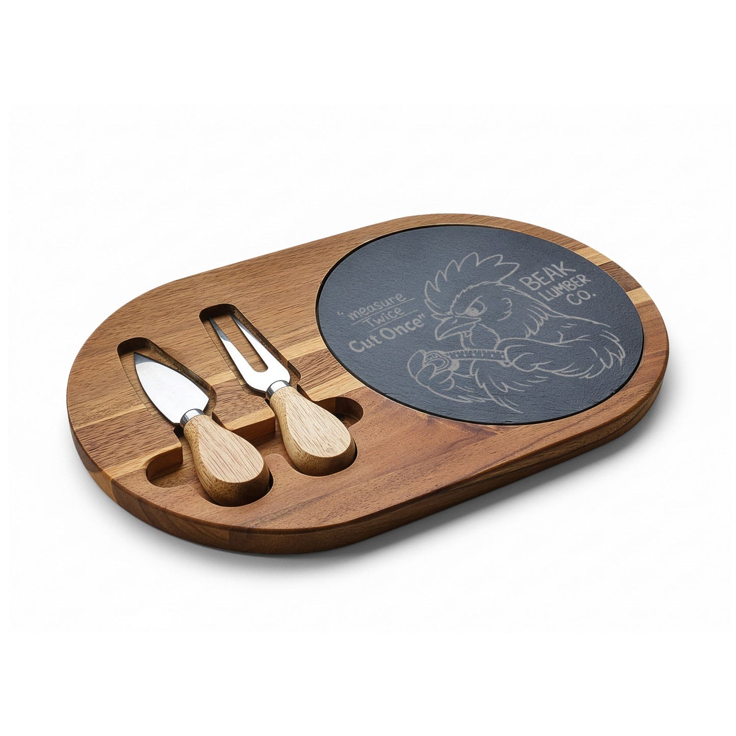 Beak Lumber Charcuterie Board with Slate Inset & Cheese Tools — "Measure twice, Cut Once"