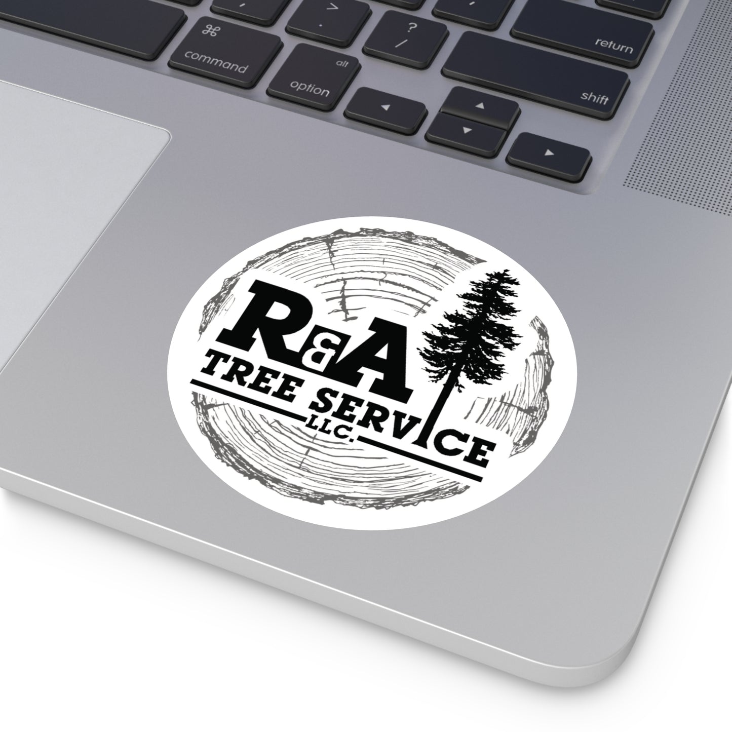 R&A Tree Service Fir Log Logo Round Sticker — Indoor/Outdoor Vinyl