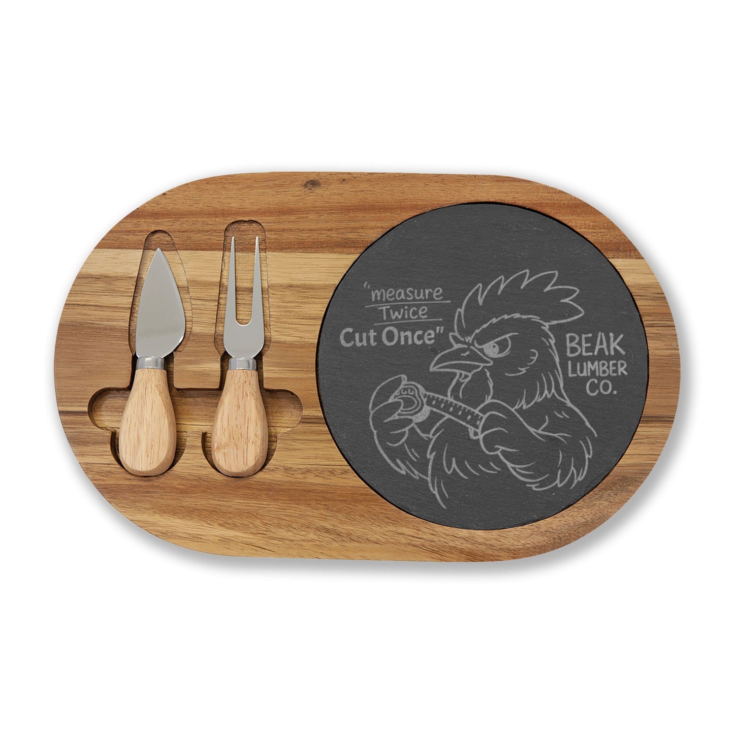 Beak Lumber Charcuterie Board with Slate Inset & Cheese Tools — "Measure twice, Cut Once"
