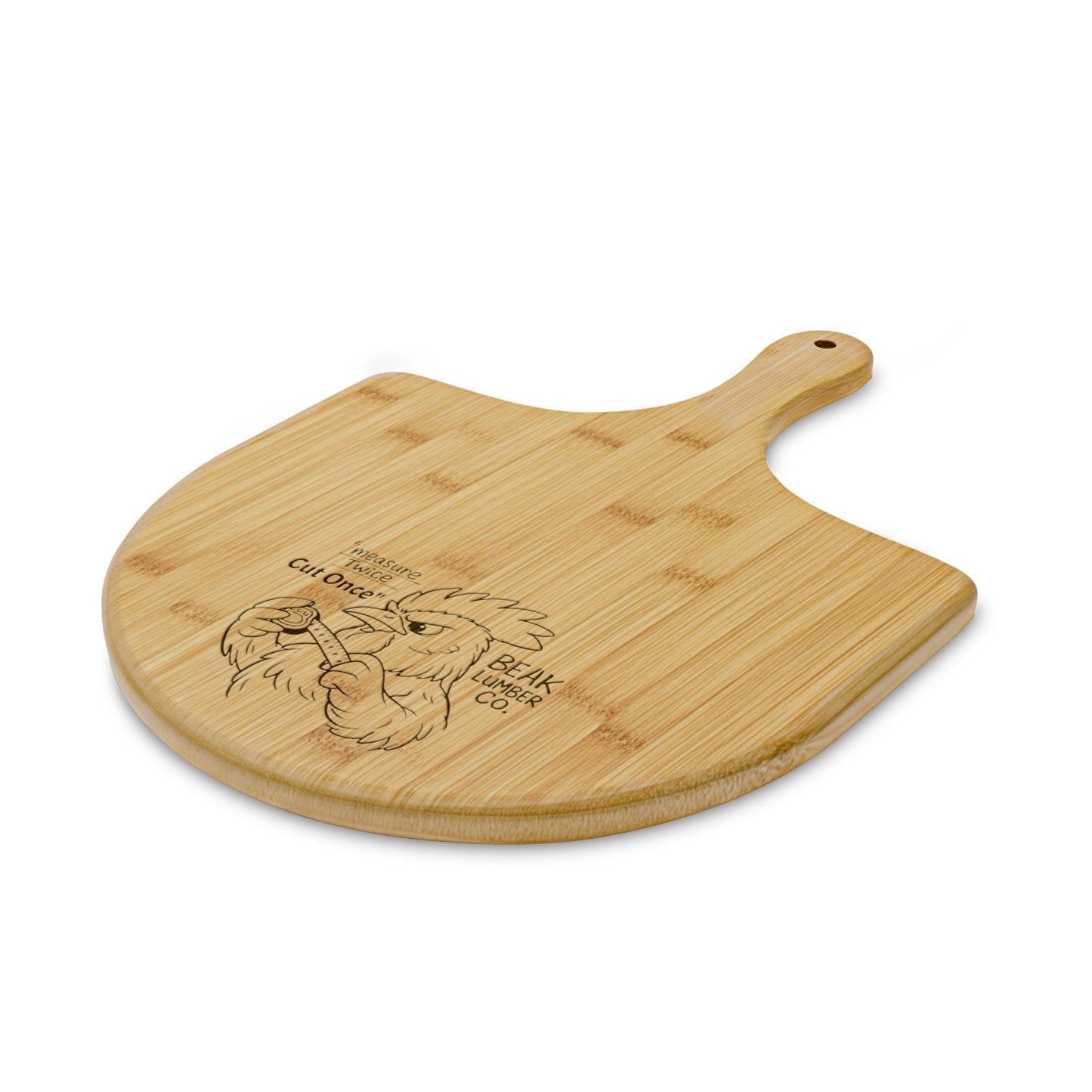 Engraved "Measure Twice, Cut Once" Beak Pizza Board